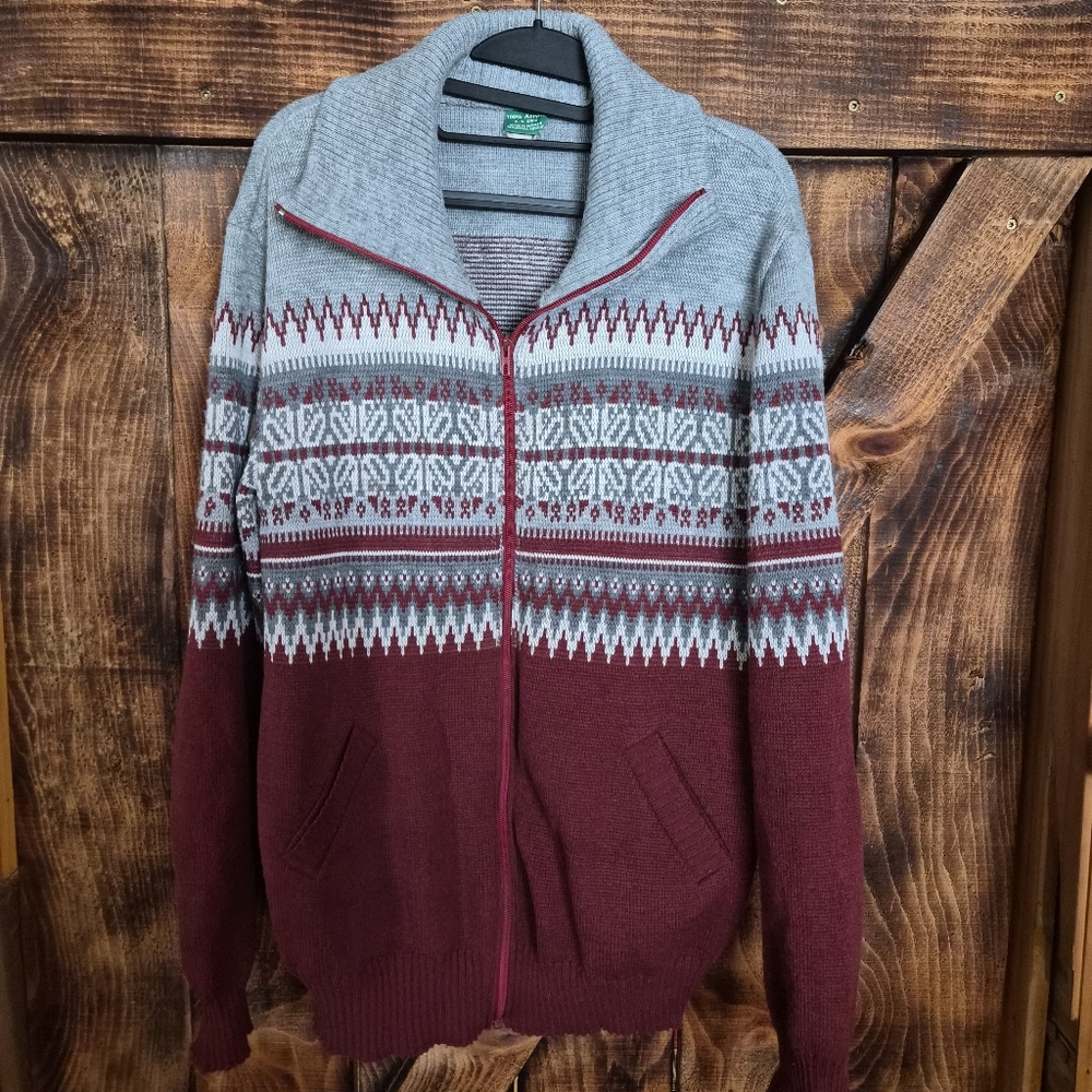Vintage Fair Isle Zip Sweater Cardigan Nordic Pattern Burgundy Gray XL